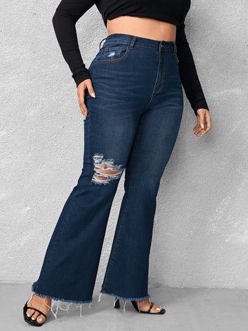 Woochic Pantalon grande taille évasé denim déchiré à bords bruts